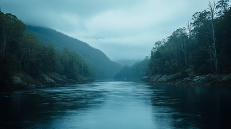 A tranquil river flows through a misty wilderness, surrounded by towering trees and distant mountains under a cloudy sky, perfect for nature lovers.の素材