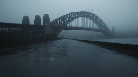 A tranquil scene of an iconic bridge enveloped in fog. The calm waters reflect the arching structure, creating a serene atmosphere amidst the cityscape.の素材