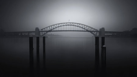 A captivating misty scene featuring a bridge silhouetted against foggy waters. The tranquil atmosphere and soft reflections create a serene landscape.の素材