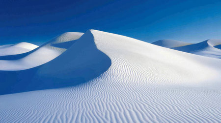 Experience the tranquility of vast white sand dunes under a brilliant blue sky. The smooth, flowing textures create a serene and peaceful landscape.の素材