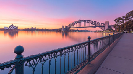 Captivating view of Sydney Harbour at sunset, featuring the iconic Sydney Harbour Bridge and Opera House, surrounded by tranquil waters and colorful skies.の素材