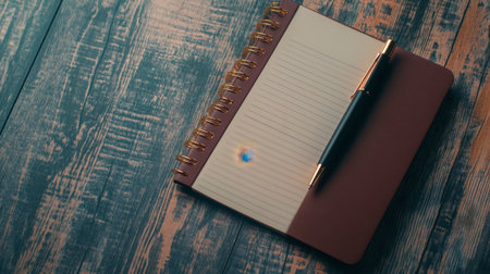 A stylish notebook with lined pages rests on a rustic wood table beside a sleek pen. Perfect for writing ideas, notes, or creative thoughts.の素材