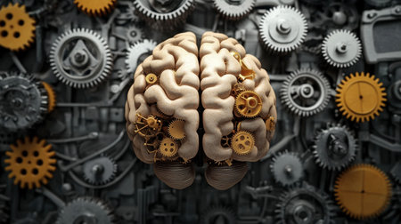This captivating image showcases a brain intricately intertwined with gears and cogs, symbolizing the fusion of creativity and technology. Perfect for themes of innovation and intelligence.の素材
