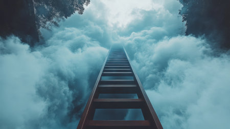 A surreal ladder rising through soft clouds evokes a sense of adventure and exploration. Ideal for themes of dreams, hope, and mystery.の素材