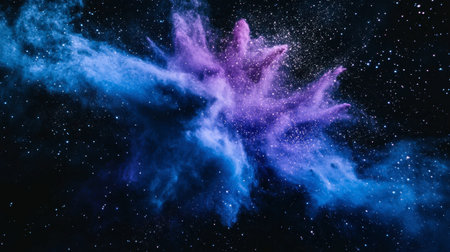 A stunning cosmic explosion showcases vibrant hues of purple and blue against a dark space backdrop, representing the beauty of the universe and celestial phenomena.の素材