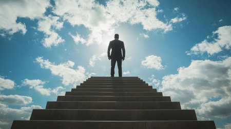 A silhouette of a man in a business suit stands confidently on steps, looking upward against a backdrop of a bright blue sky with clouds, symbolizing ambition and success.の素材