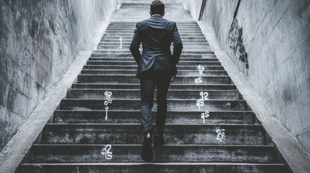 A businessman ascends a staircase, symbolizing ambition and growth in an urban setting. Ideal for themes of success, determination, and career advancement.の素材