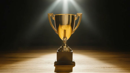 A glimmering trophy stands proudly under a dramatic spotlight, symbolizing achievement and success. Perfect for themes of victory and celebration.の素材