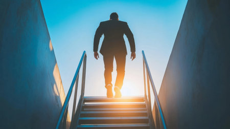 A silhouette of a businessman walking up stairs towards a bright horizon symbolizes the journey toward success and new opportunities in life.の素材