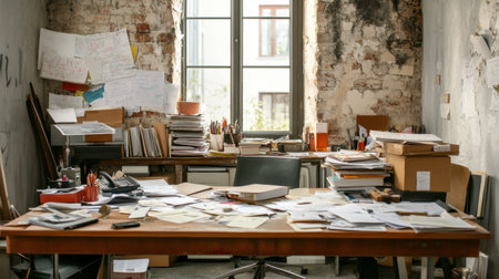 A cluttered office space featuring a wooden desk covered with papers and stationery, illuminated by natural light, evoking a creative atmosphere.の素材