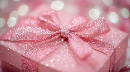 A beautifully wrapped pink gift box adorned with a sparkling glitter ribbon, perfect for celebrations and special occasions. Creates a joyful atmosphere.の素材