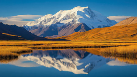 A stunning landscape featuring a majestic mountain peak reflected in calm waters. This serene scene showcases beautiful nature, vivid colors, and tranquility.の素材