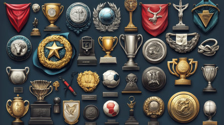 A vibrant collection of various trophies and medals showcasing achievement and recognition, perfect for themes of success, competition, and celebration.の素材