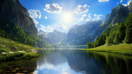 Experience the beauty of a serene mountain lake surrounded by lush greenery and towering peaks under a radiant sunlit sky. Ideal for nature lovers.の素材