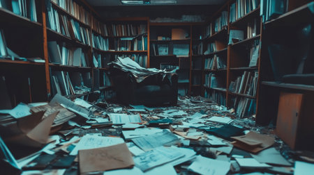 A cluttered library scene featuring disorganized bookshelves overflowing with papers and documents, capturing a sense of chaos and neglect in an abandoned study.の素材