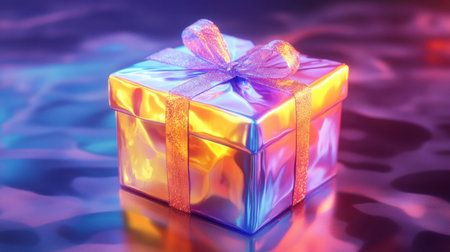 A vibrant gift box with a shiny surface and colorful light effects, perfect for celebrations. This image captures the essence of joy and surprise.の素材