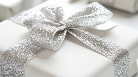 A beautifully wrapped white gift box adorned with a sparkling silver bow, perfect for festive occasions or celebrations to convey elegance and joy.の素材