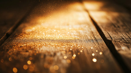 A closeup of sparkling dust on a wooden surface, creating a warm and inviting atmosphere. The light reflects off the particles, enhancing natural beauty.の素材