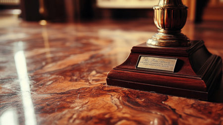 A close-up view of a luxurious marble floor paired with a decorative wooden stand. This elegant interior highlights classic design elements and rich textures.の素材