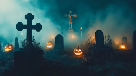 A haunting graveyard scene in the misty night showcases carved pumpkins, an eerie cross, and a looming statue, evoking the spirit of Halloween.の素材