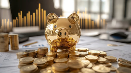 A shiny golden piggy bank surrounded by coins on a table, symbolizing wealth and financial growth. The background features a chart, representing investment success.の素材