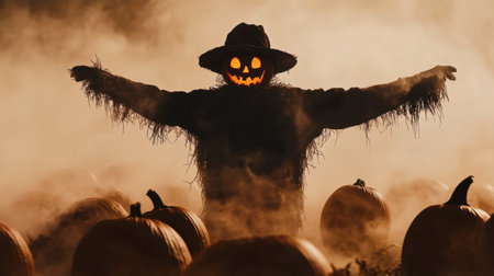 A mysterious scarecrow stands guard in a pumpkin field shrouded in fog, creating an eerie Halloween atmosphere perfect for seasonal decorations and themes.の素材