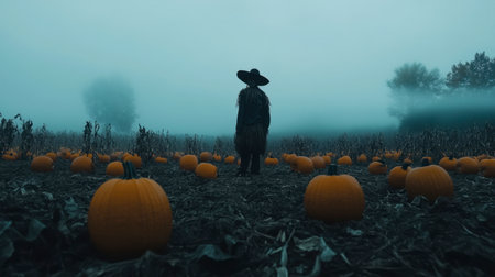 A solitary figure stands among bright pumpkins in a foggy field, evoking a sense of mystery and harvest. The calm landscape captures the essence of autumn.の素材