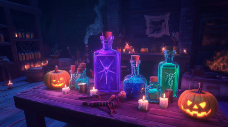 A captivating scene featuring colorful potion bottles, carved pumpkins, and flickering candles that create a magical Halloween atmosphere, perfect for festive celebrations.の素材
