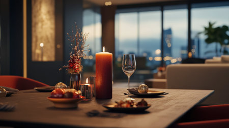 A serene dinner setting featuring a candle, wine glass, and delicious food with a view of the city. Perfect for romantic evenings or gatherings.の素材