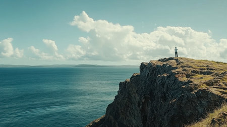 A person stands alone on a dramatic cliff edge, gazing over the expansive ocean under a bright, cloudy sky, evoking a sense of adventure and tranquility.の素材