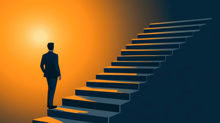 A silhouette of a man standing at the base of stairs leading towards a warm light, symbolizing hope and the journey towards personal and professional success.の素材