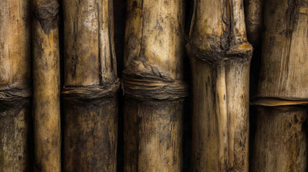 Close-up of weathered bamboo stalks showcasing natural textures and earthy tones, perfect for backgrounds, organic designs, and rustic themes.の素材