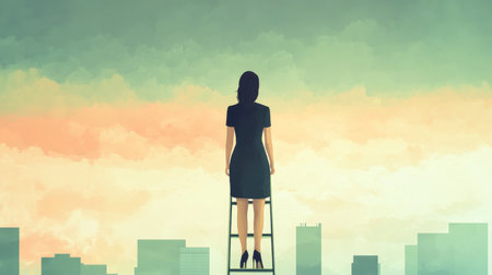 A silhouette of a woman standing on a ladder, gazing at a vibrant cityscape during sunrise. This image symbolizes ambition, inspiration, and the journey to success.の素材