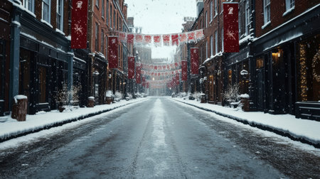 A serene winter street scene in a snowy town, adorned with red holiday banners. The tranquil atmosphere invites exploration and captures seasonal beauty.の素材