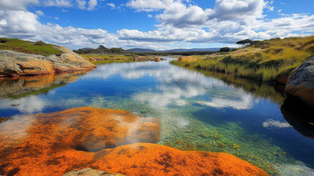 A beautiful landscape featuring a clear water body surrounded by colorful rocks under a bright sky filled with fluffy clouds. Perfect for nature lovers.の素材