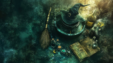 A mystical tabletop scene featuring a witch's hat, cauldron, broom, and various potion ingredients. Perfect for fantasy-themed projects or creative designs.の素材