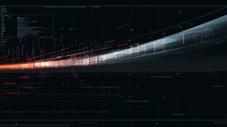 Explore a dynamic abstract digital data visualization with flowing lines and bright signals against a dark background, evoking a sense of technological advancement.の素材