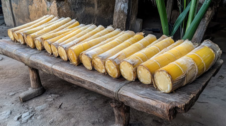 A display of freshly cooked bamboo rice sticks lined up on a rustic wooden table. This traditional Asian food showcases organic ingredients and local culinary practices.の素材