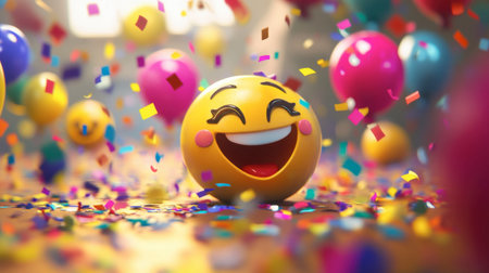A vibrant and joyful scene featuring a smiling emoji surrounded by colorful confetti and balloons, perfect for conveying happiness and celebration themes.の素材