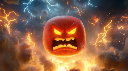 A fierce, animated character representing anger with fiery colors and stormy elements. The dramatic background enhances the intense emotion showcased.の素材