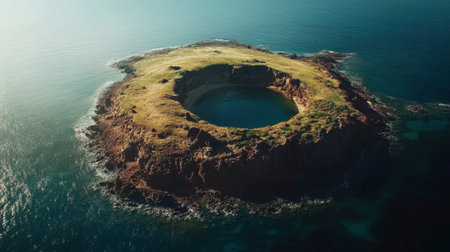 A stunning aerial view of a unique circular island surrounded by tranquil ocean waters. This natural wonder showcases vibrant greenery and rocky shores, perfect for nature lovers.の素材