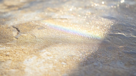 A soft rainbow reflection appears on a wet surface, showcasing shimmering droplets and delicate textures, creating a tranquil and colorful natural scene.の素材