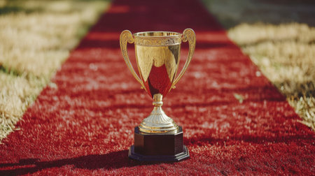 A striking trophy sits prominently on a red carpet, symbolizing achievement and celebration. This image captures the essence of success at an award ceremony, ideal for events showcasing honor and recognition.の素材