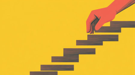 A vibrant illustration of a hand reaching for steps on a bold yellow background, symbolizing growth, progress, and the journey toward success.の素材