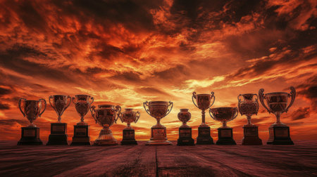 A stunning display of various trophies against a vibrant sunset backdrop, symbolizing achievement and the celebration of success in various competitions and events.の素材