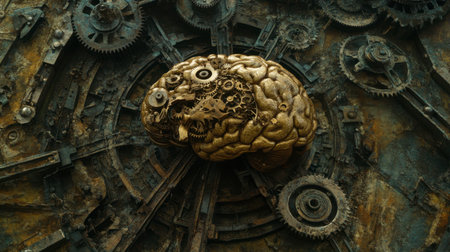 A striking mechanical brain crafted from gold, set against an intricate background of gears and machinery, symbolizing the fusion of art and technology.の素材