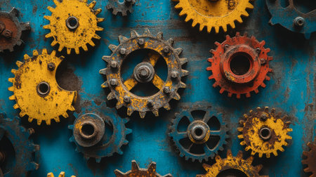 A vibrant collection of gears in various colors resting against a rusty blue background, showcasing the beauty of industrial design and mechanics.の素材