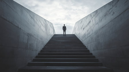 A solitary figure stands at the top of concrete stairs under a moody sky, symbolizing solitude and introspection in a minimalist urban landscape.の素材