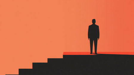 A striking silhouette of a person standing on a staircase against a vibrant orange background, symbolizing ambition and the journey towards success and personal growth.の素材