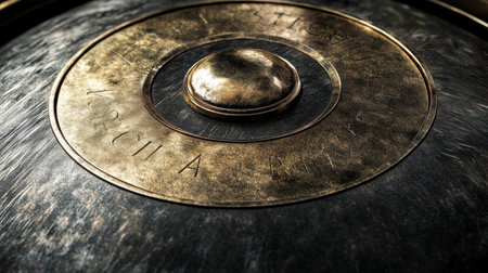 Close-up view of an ancient shield featuring intricate engravings and a metallic finish, showcasing historical design and craftsmanship.の素材